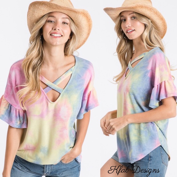 ❤️LAST 1! Criss Cross Tie Dye Flutter Sleeve Top! - Picture 2 of 7